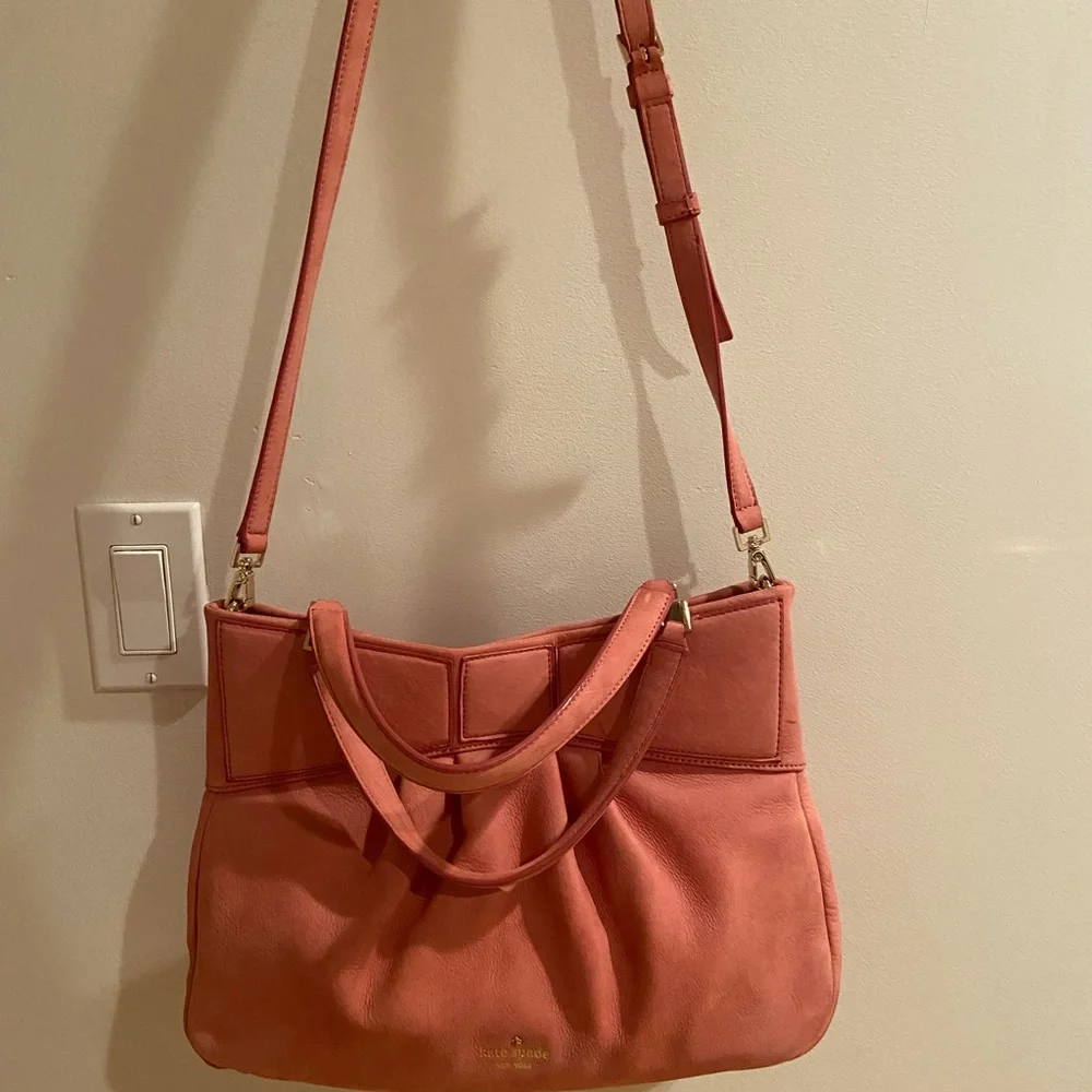 Authentic Kate Spade Madison Ave Suede Bow Pink Peach Color Handbag Satchel